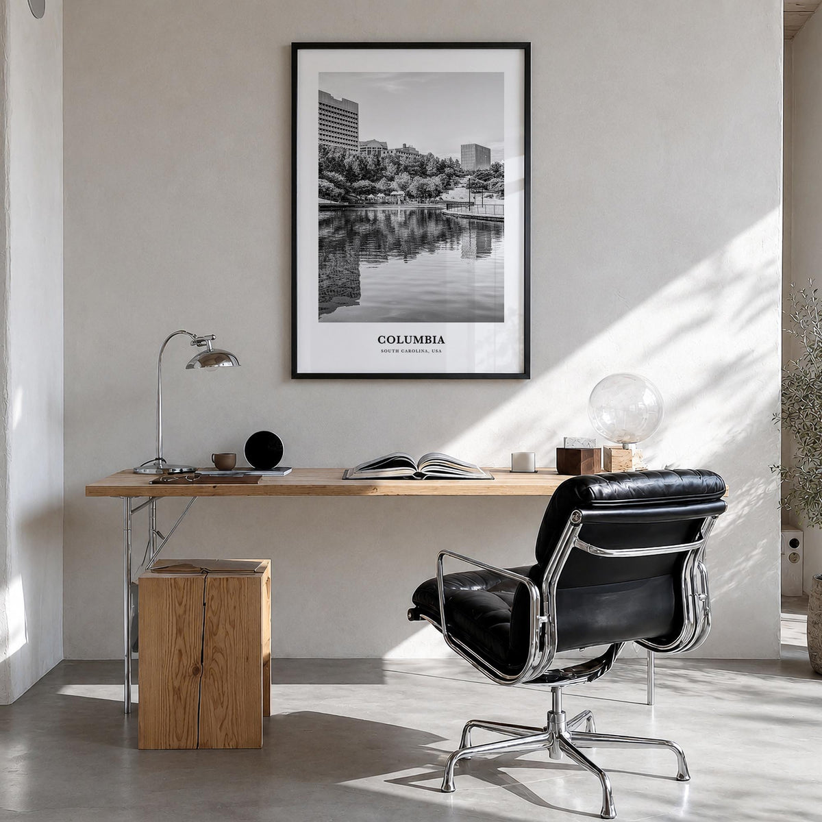 Columbia, South Carolina black & white classic poster of South Carolina, USA – vertical wall art in black wood frame, hanging
