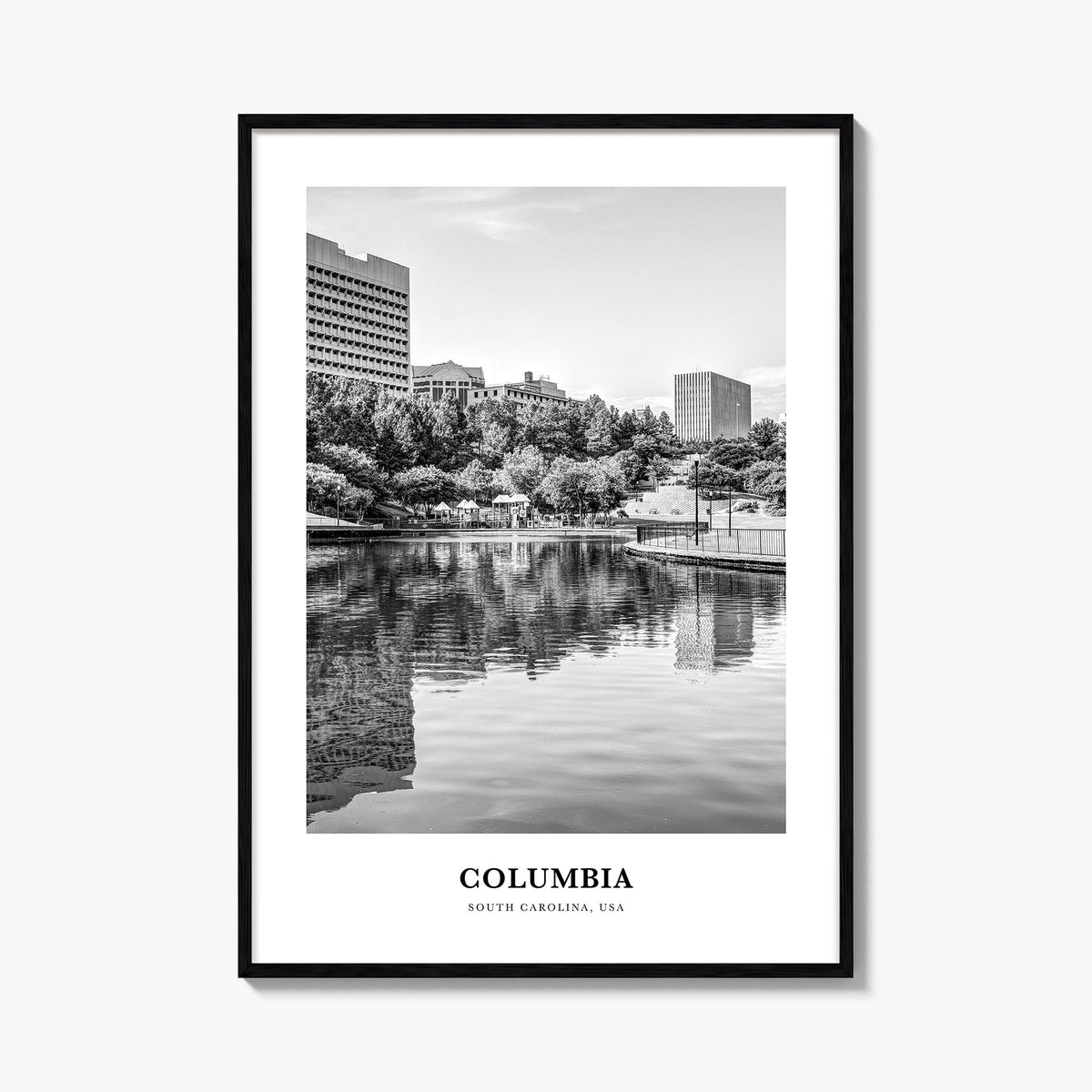 Columbia, South Carolina black & white classic poster of South Carolina, USA – vertical wall art, unframed print shown in int