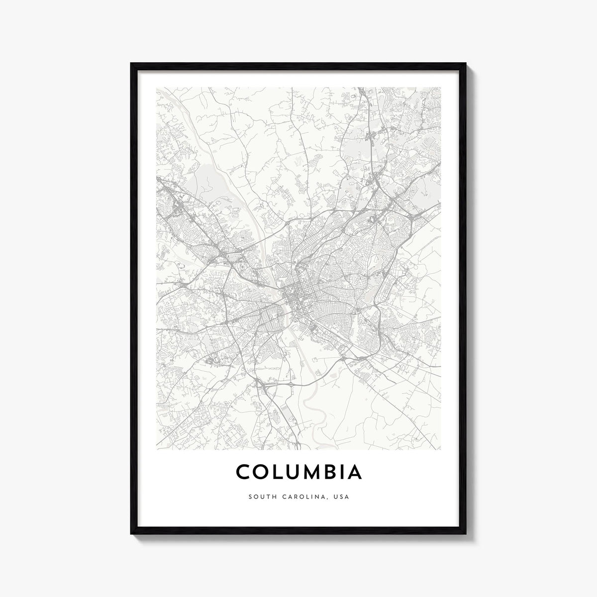 Columbia, South Carolina black & white map poster of South Carolina, USA – vertical wall art, unframed print shown in interio