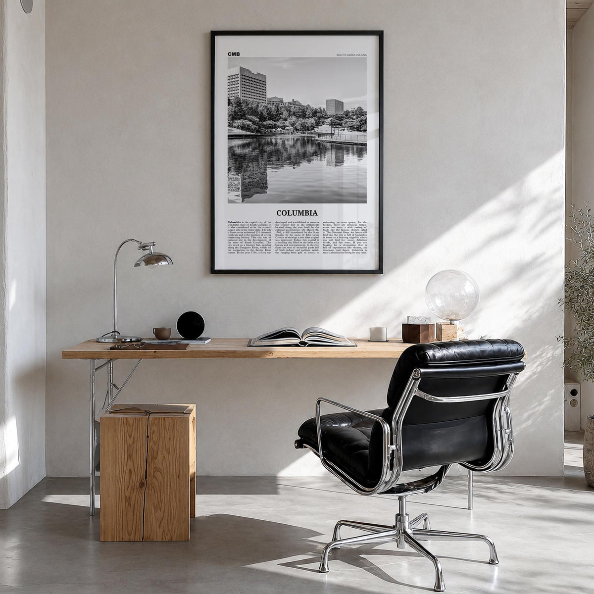 Columbia, South Carolina black & white newspaper poster of South Carolina, USA – vertical wall art in black wood frame, hangi