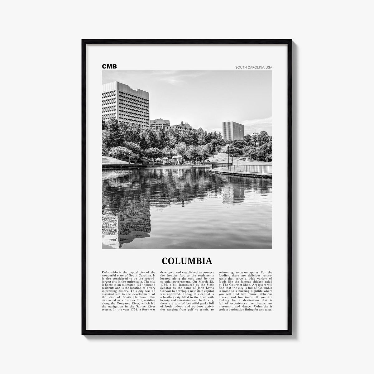 Columbia, South Carolina black & white newspaper poster of South Carolina, USA – vertical wall art, unframed print shown in i