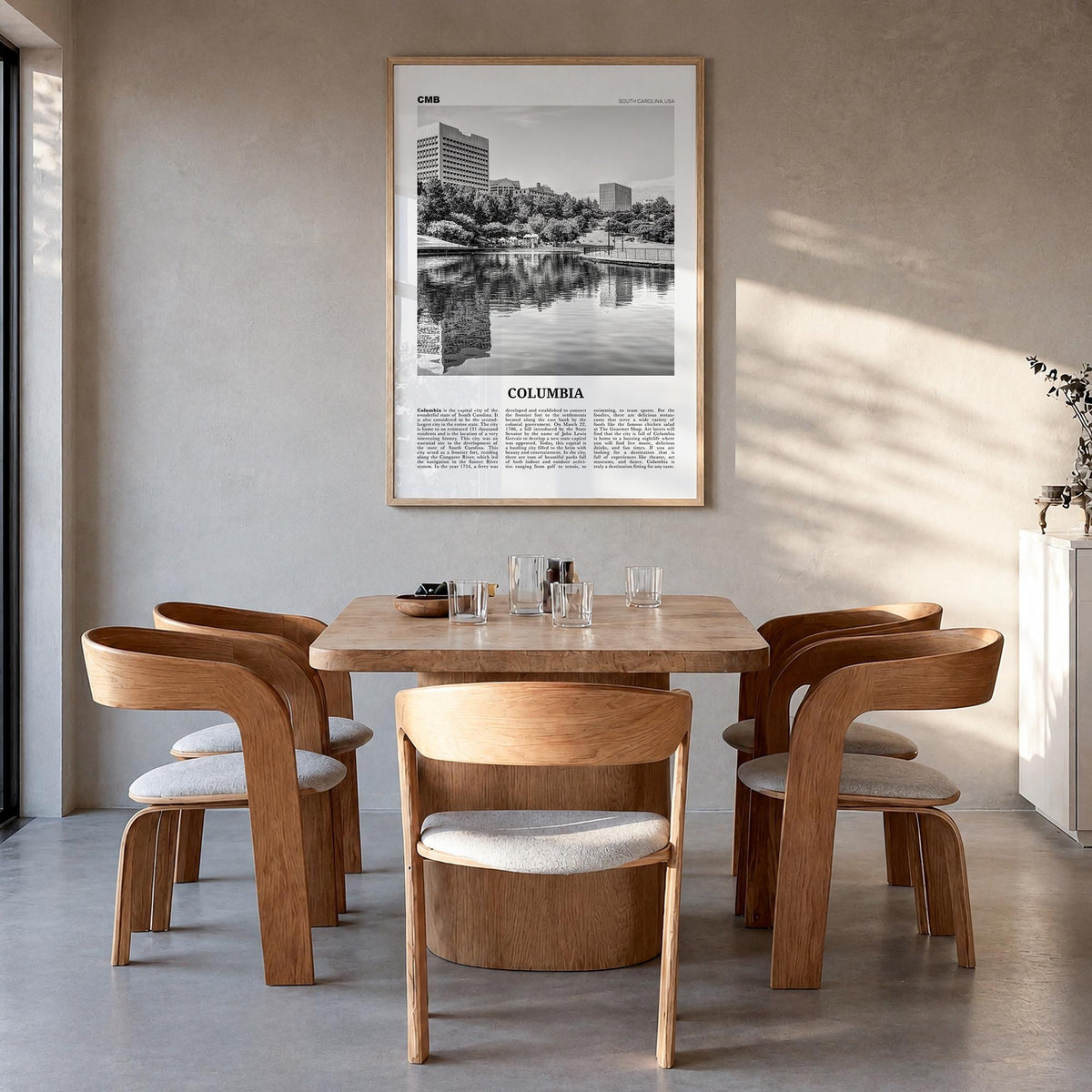Columbia, South Carolina black & white newspaper poster of South Carolina, USA – vertical wall art in natural wood frame, han