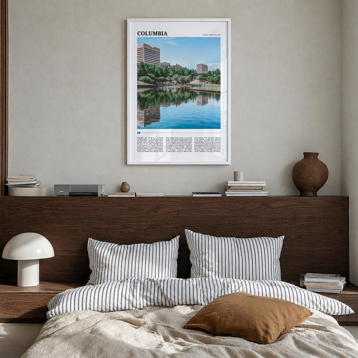 Columbia, South Carolina colorful travel poster of South Carolina, USA – vertical wall art in white wood frame, hanging on wa