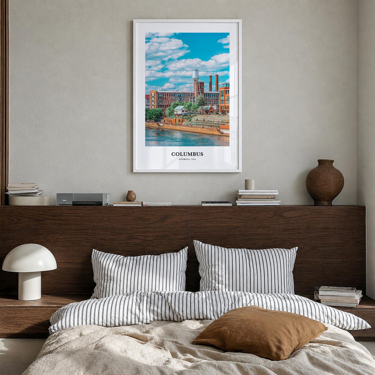 Columbus, Georgia colorful classic poster of Georgia, USA – vertical wall art in white wood frame, hanging on wall