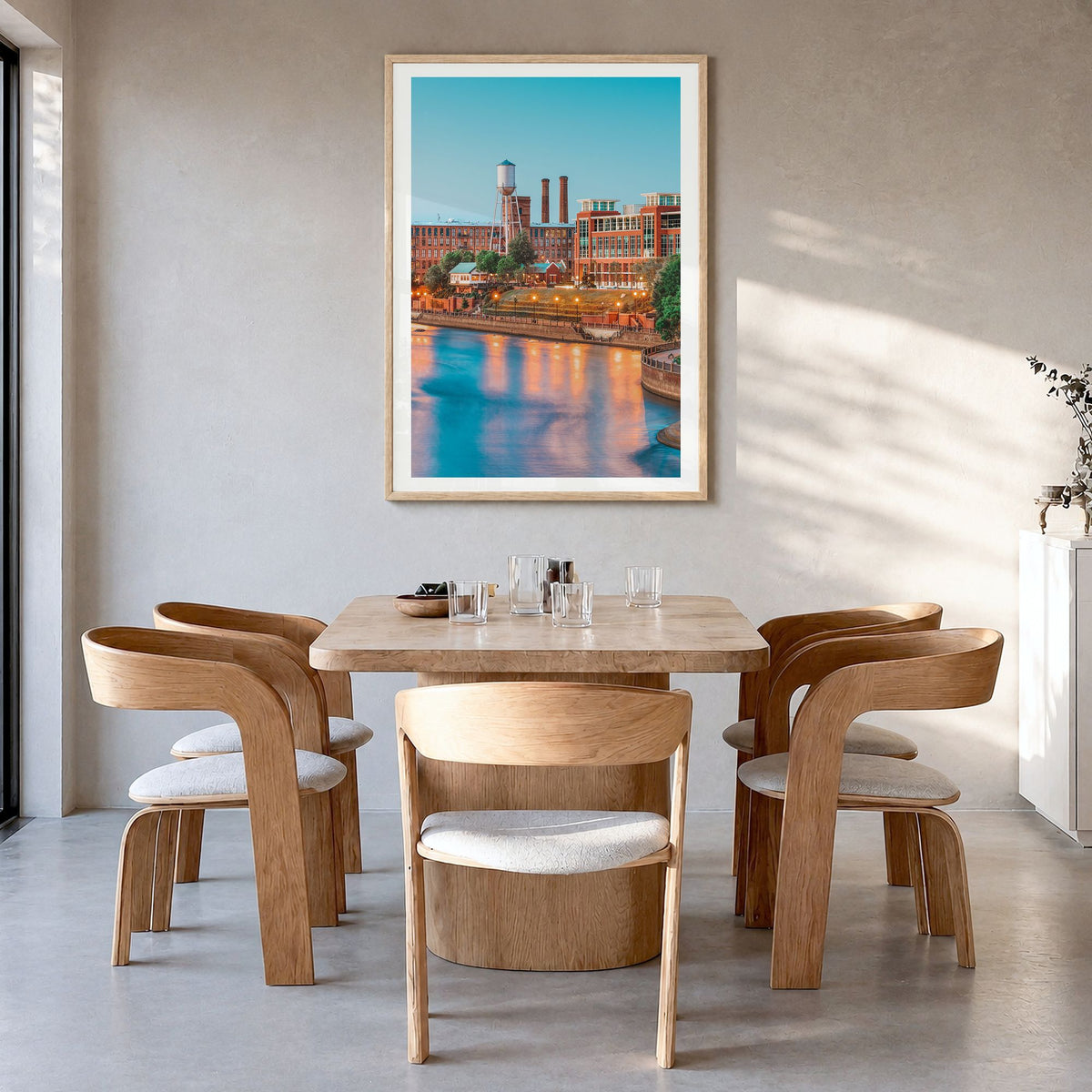 Columbus, Georgia Photo Poster in a natural wood frame, hanging in a dining room, white border