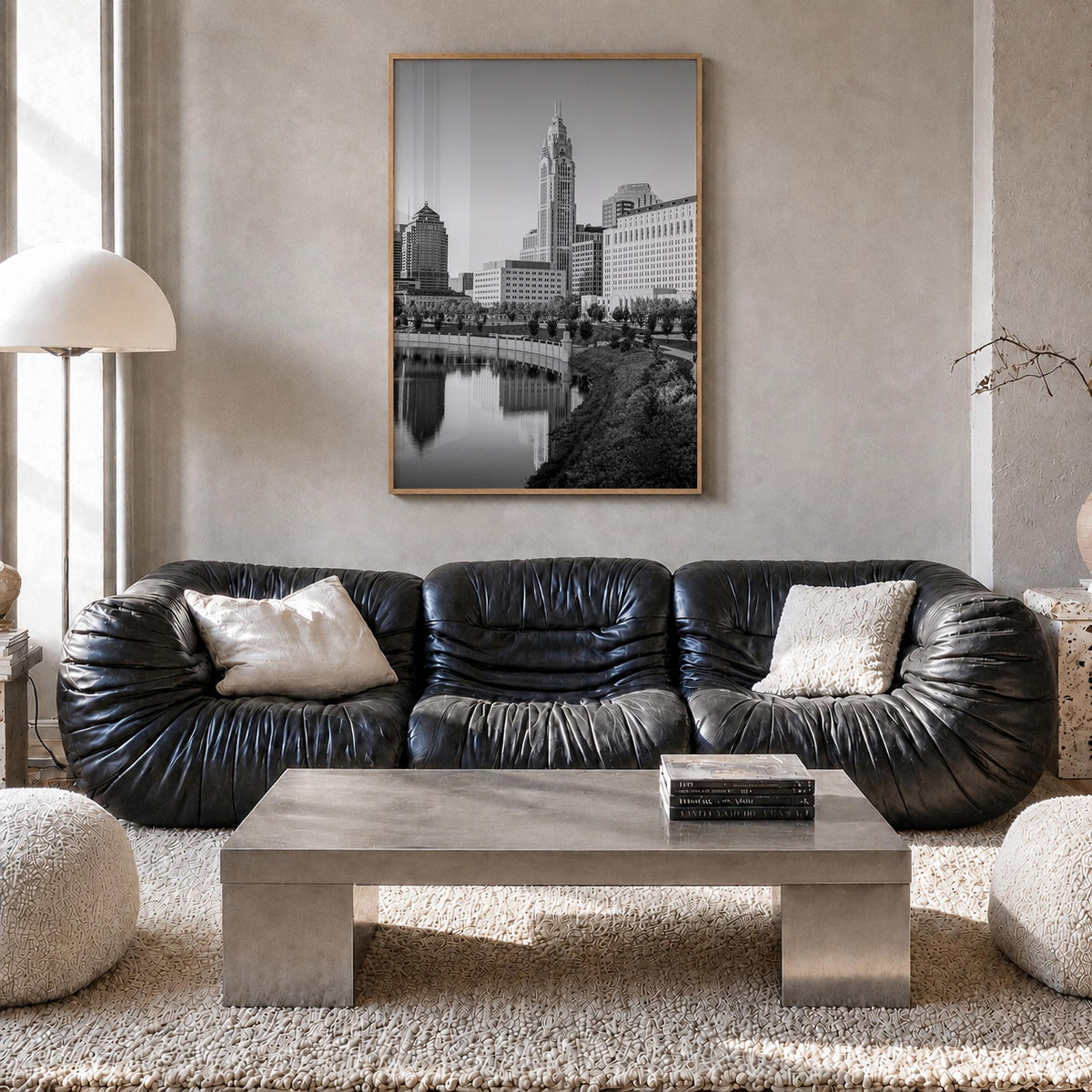 Columbus, Ohio black & white photo poster of Ohio, USA – vertical wall art in natural wood frame, hanging on wall