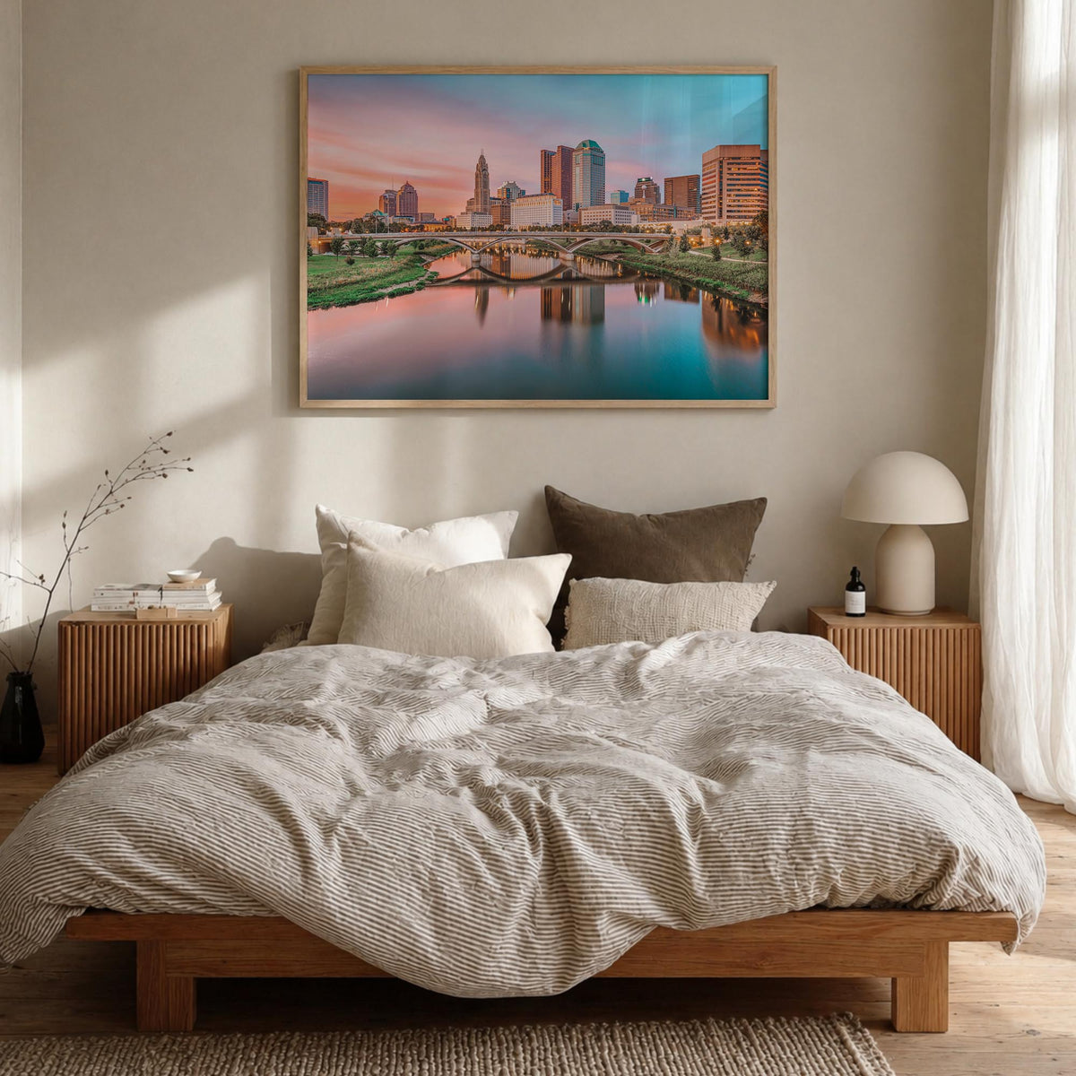 Columbus, Ohio colorful photo poster of Ohio, USA – horizontal wall art in natural wood frame, hanging on wall
