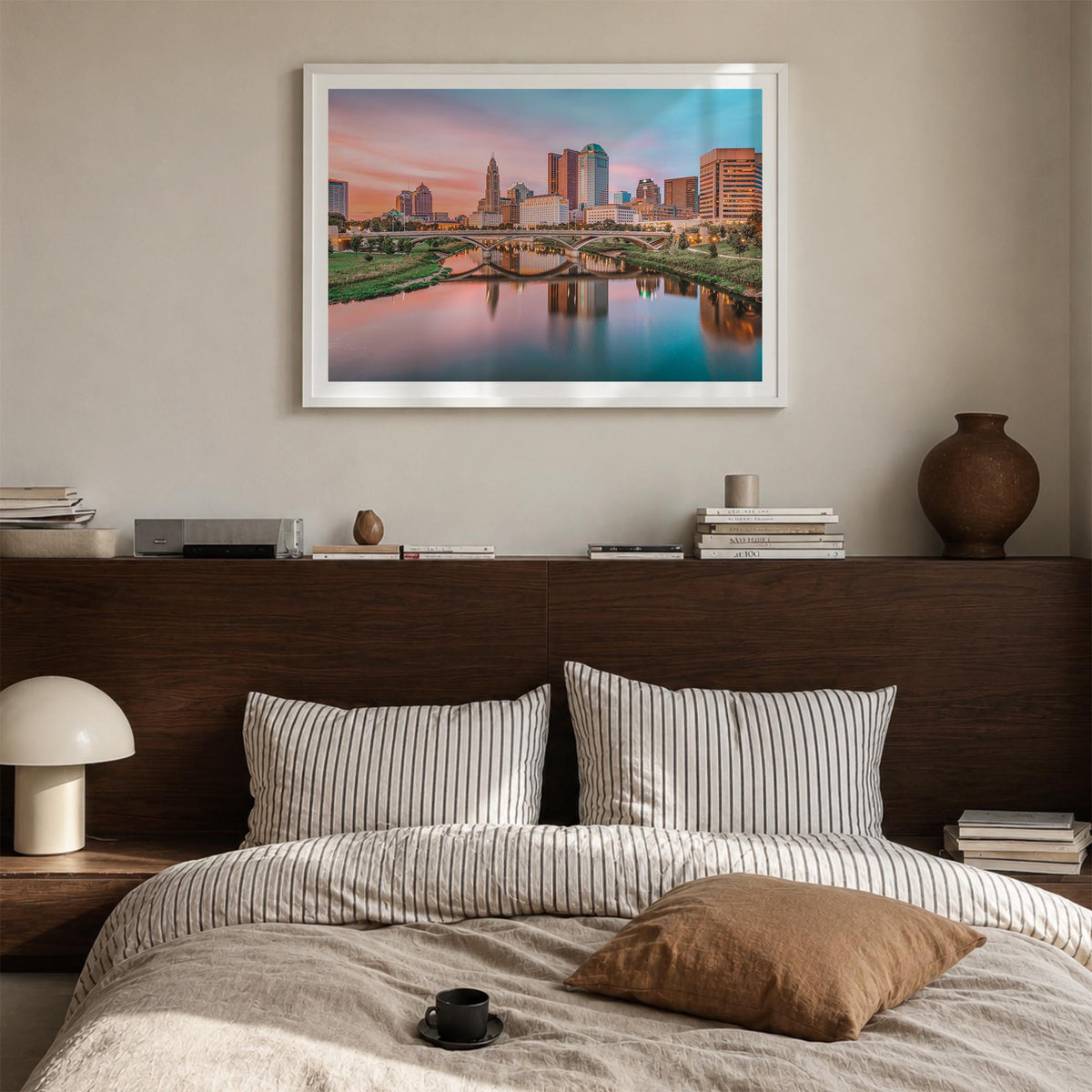 Columbus, Ohio colorful photo poster of Ohio, USA – horizontal wall art in white wood frame with white border, hanging on wal