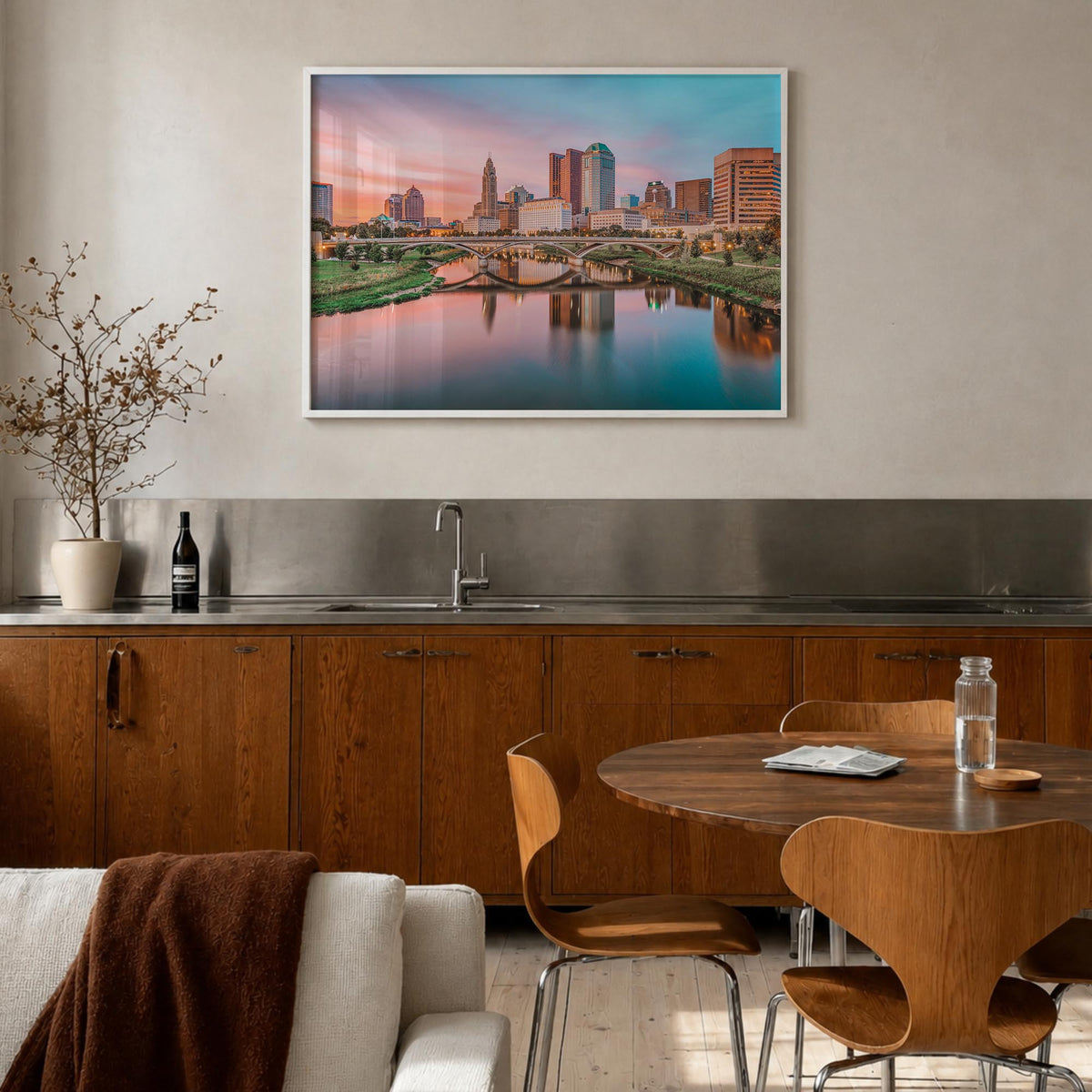 Columbus, Ohio colorful photo poster of Ohio, USA – horizontal wall art in white wood frame, hanging on wall