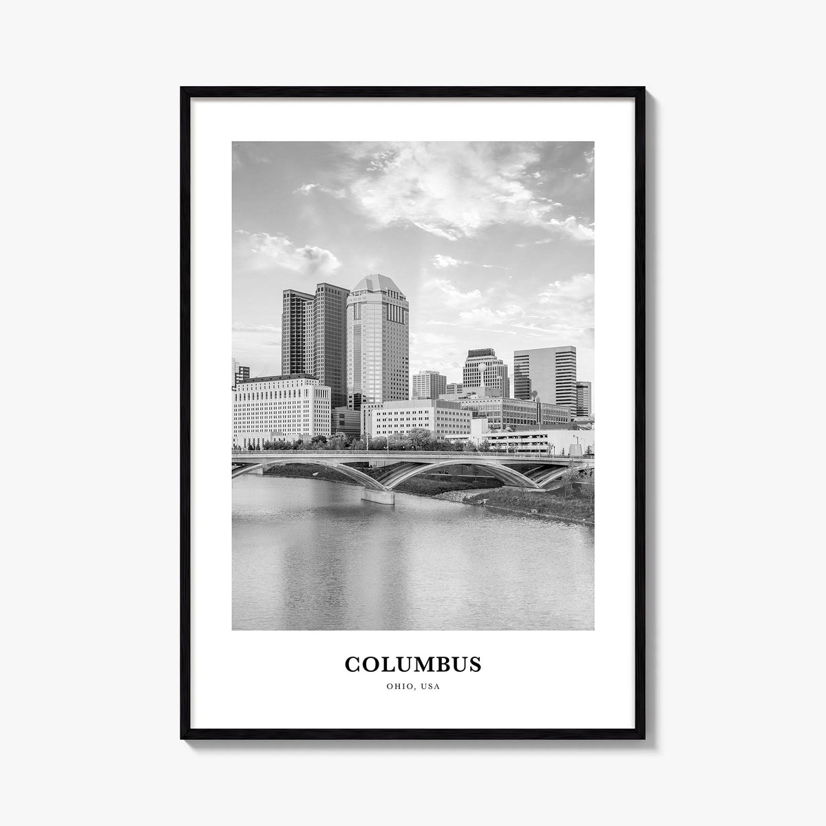 Columbus, Ohio no. 1 black & white classic poster of Ohio, USA – vertical wall art, unframed print shown in interior mockup