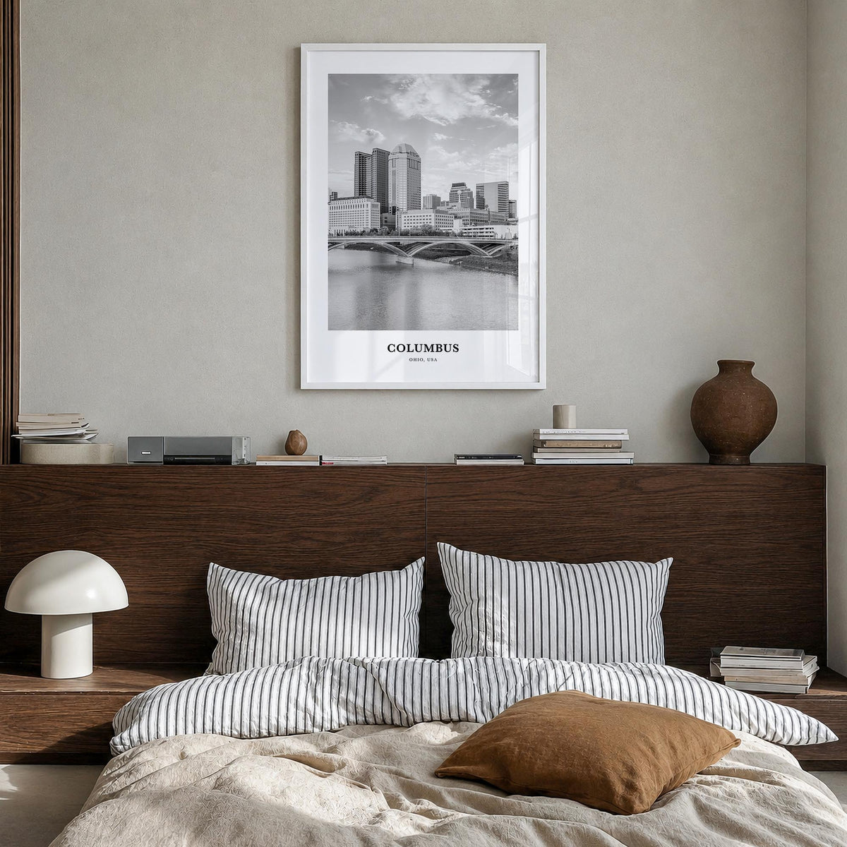 Columbus, Ohio no. 1 black & white classic poster of Ohio, USA – vertical wall art in white wood frame, hanging on wall
