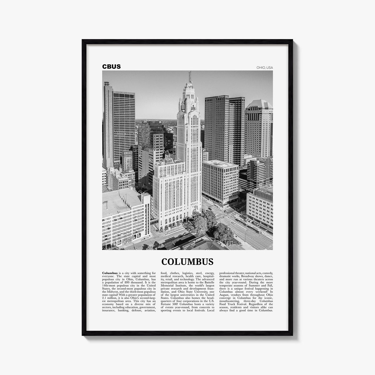 Columbus, Ohio no. 2 black & white newspaper poster of Ohio, USA – vertical wall art, unframed print shown in interior mockup