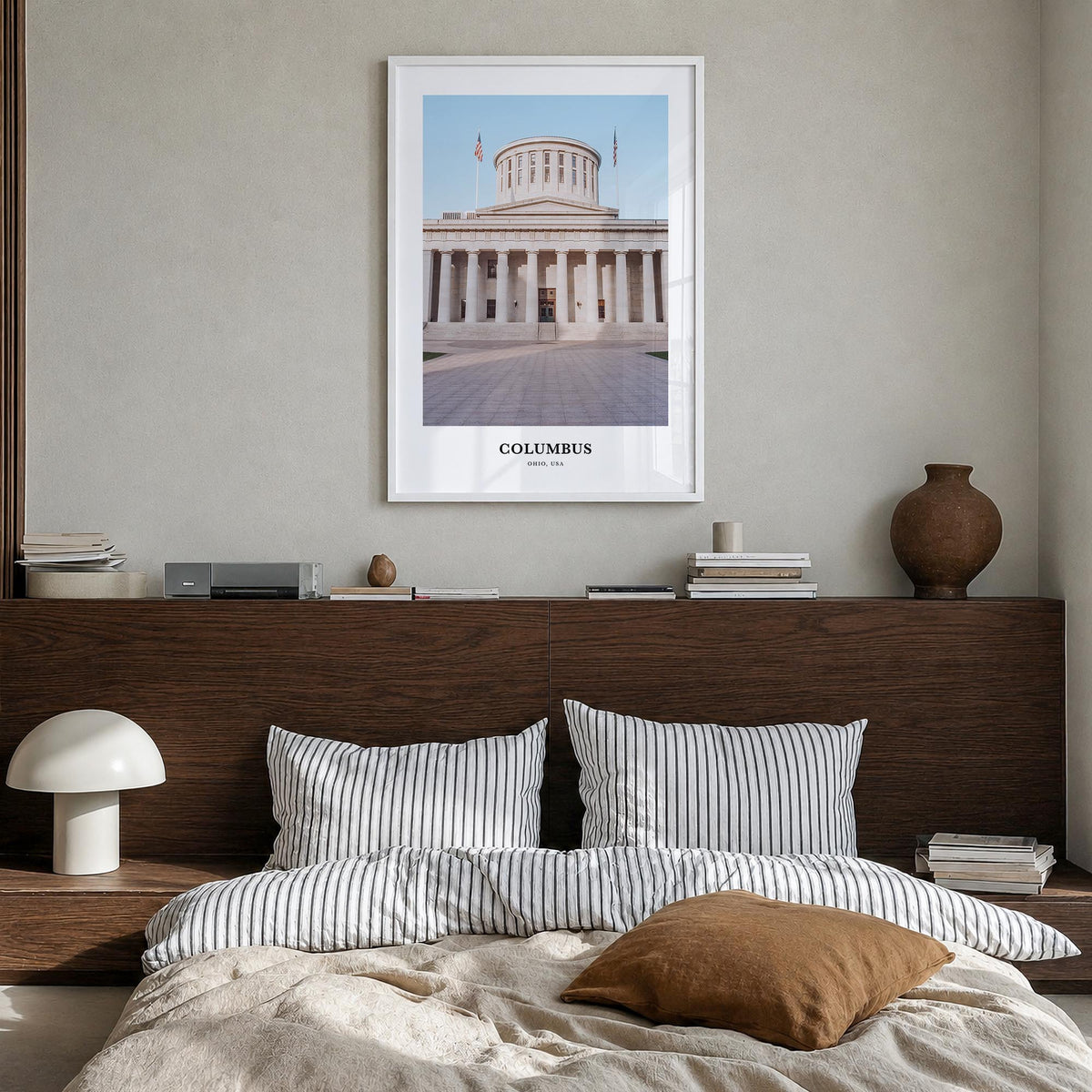 Columbus, Ohio no. 2 colorful classic poster of Ohio, USA – vertical wall art in white wood frame, hanging on wall