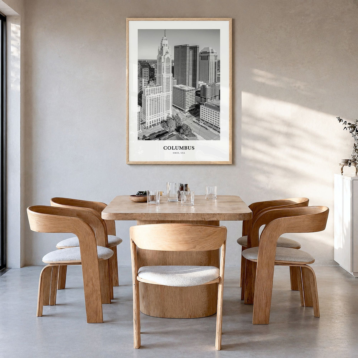 Columbus, Ohio Classic No 2 Poster in a natural wood frame, hanging in a dining room