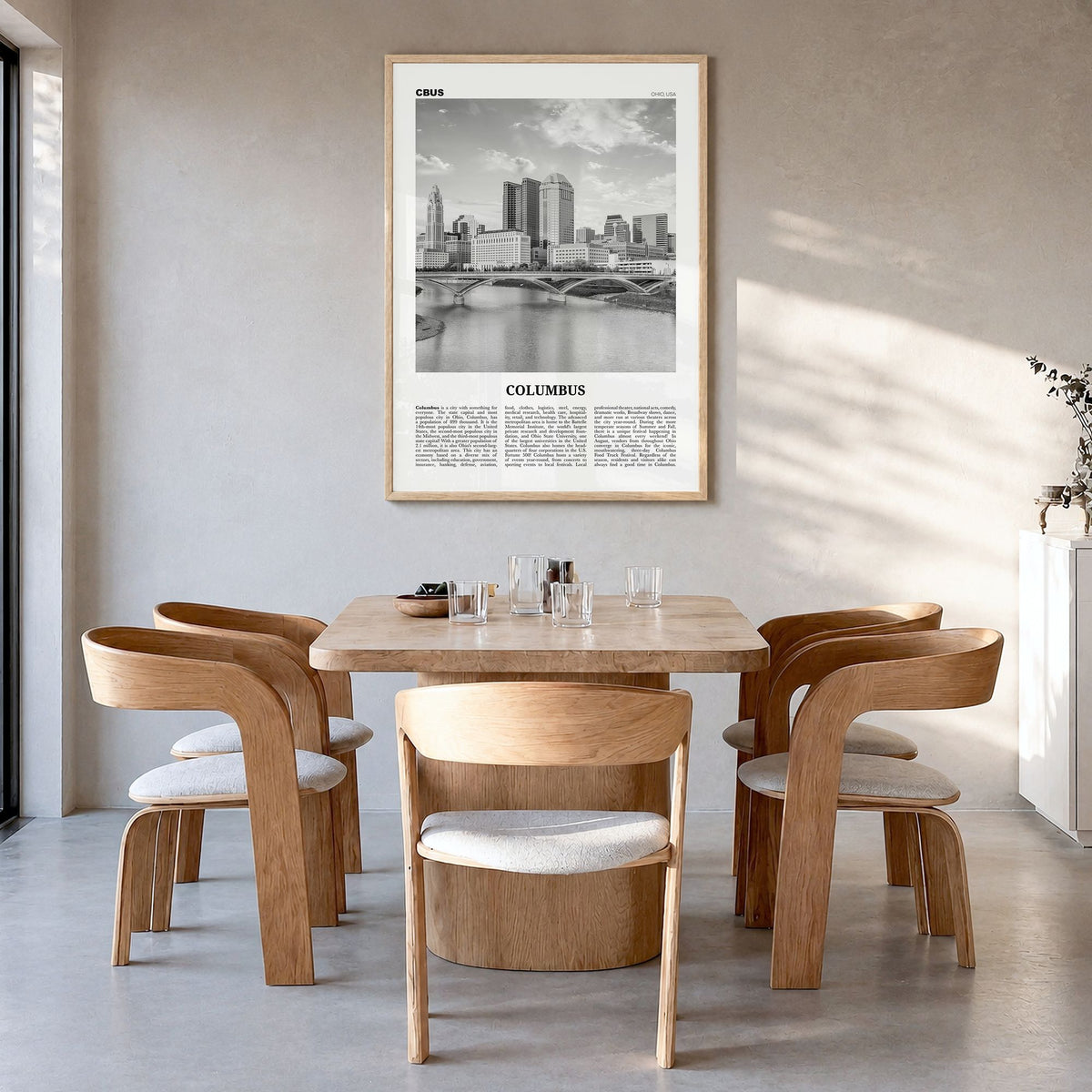 Columbus, Ohio Newspaper No 1 Poster in a natural wood frame, hanging in a dining room