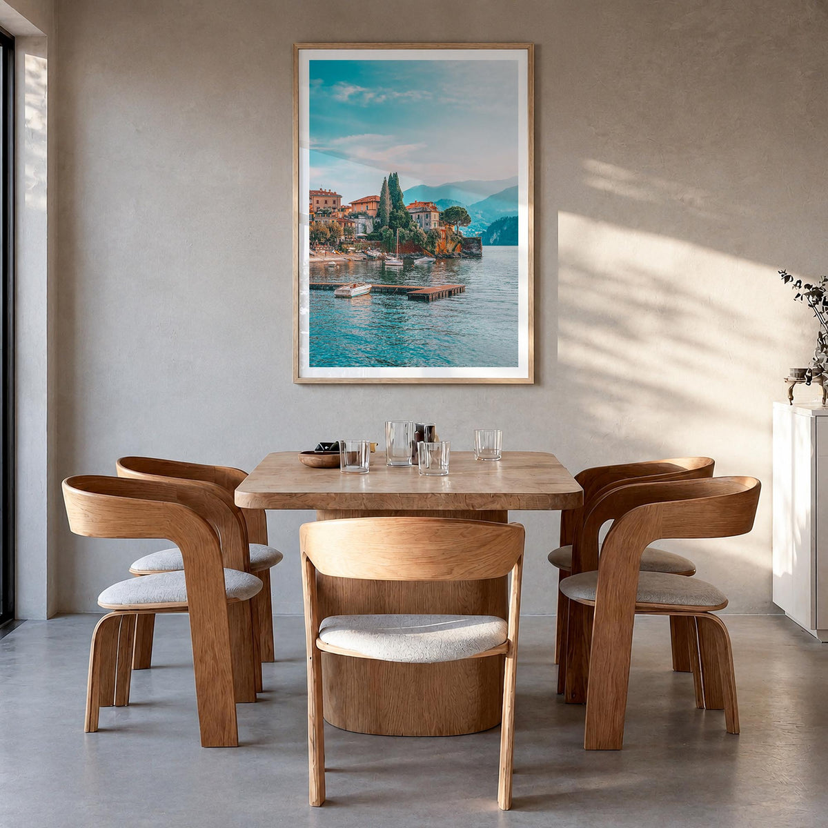 Lake Como no. 1 colorful photo poster of Italy – vertical wall art in natural wood frame with white border, hanging on wall