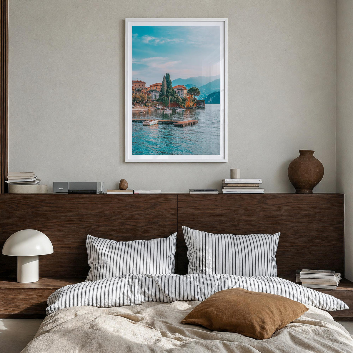 Lake Como no. 1 colorful photo poster of Italy – vertical wall art in white wood frame with white border, hanging on wall