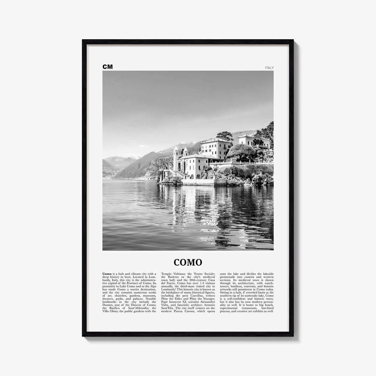 Como no. 1 black & white newspaper poster of Italy – vertical wall art, unframed print shown in interior mockup