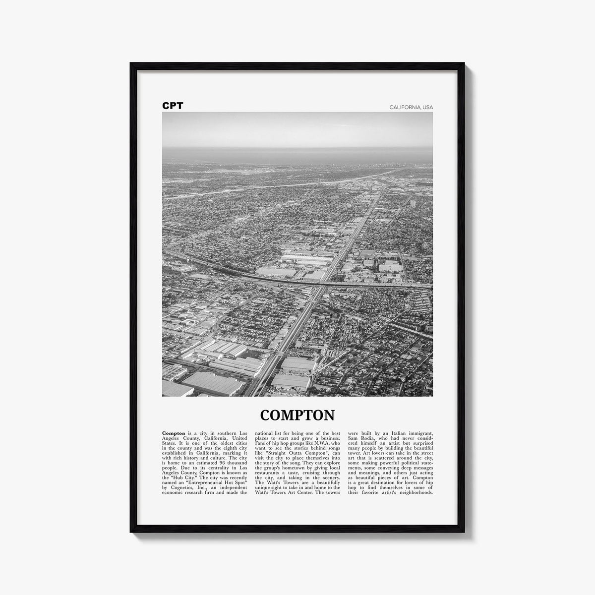 Compton black & white newspaper poster of California, USA – vertical wall art, unframed print shown in interior mockup