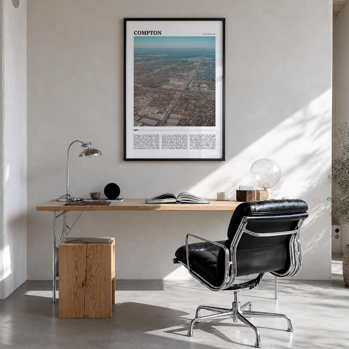 Compton colorful travel poster of California, USA – vertical wall art in black wood frame, hanging on wall