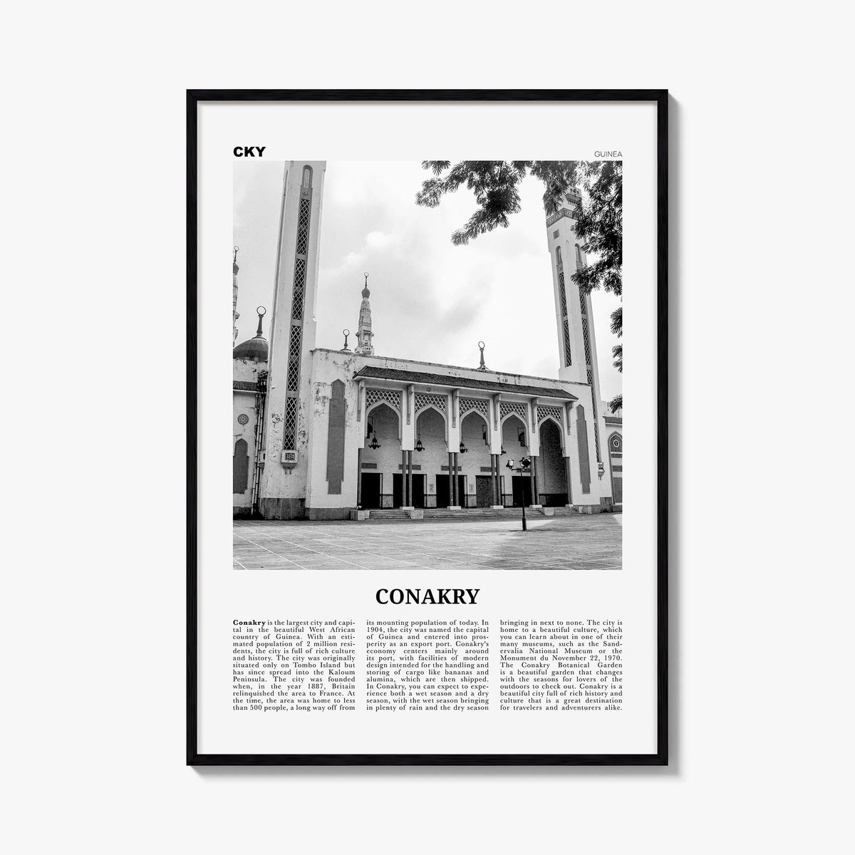 Conakry black & white newspaper poster of Guinea – vertical wall art, unframed print shown in interior mockup