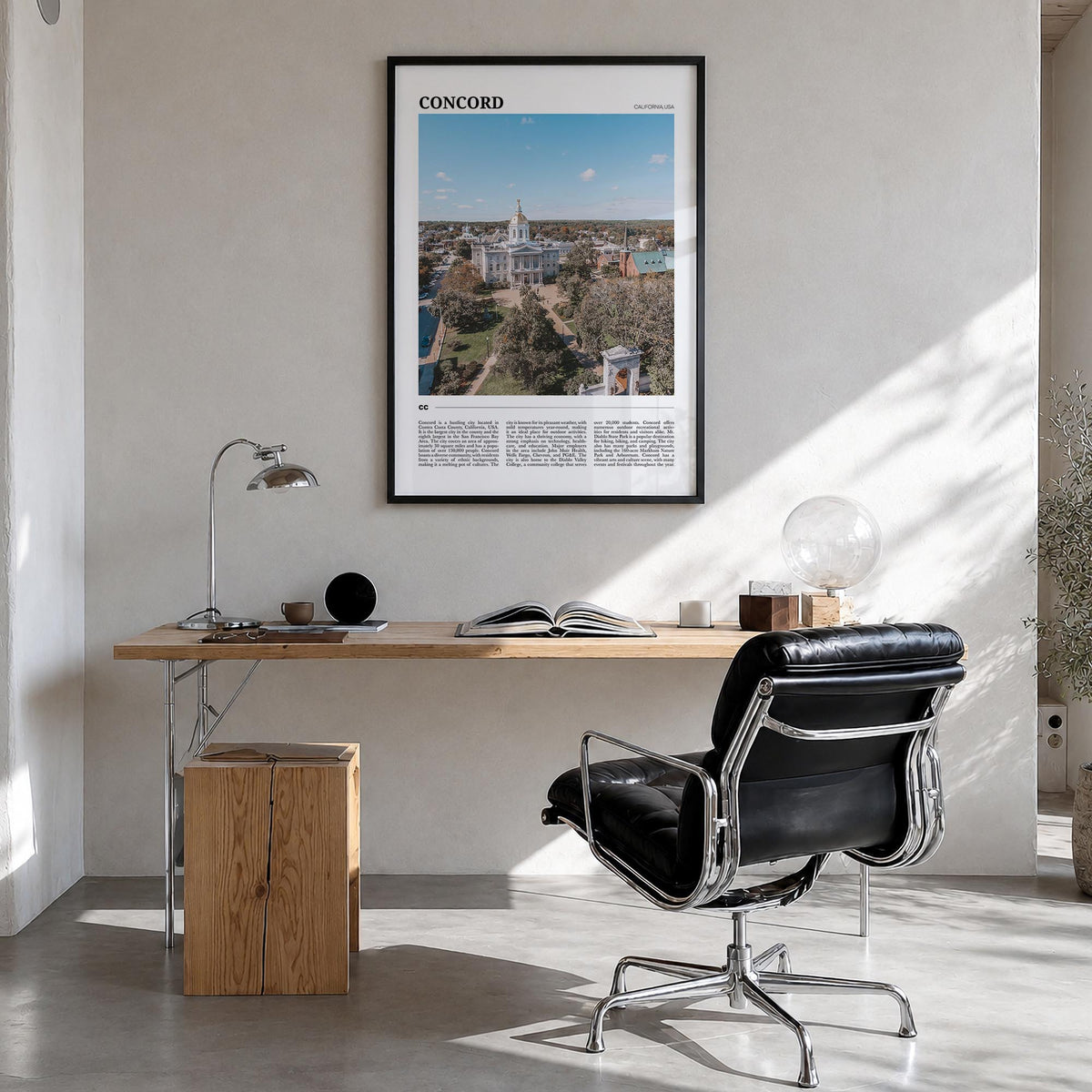 Concord colorful travel poster of New Hampshire, USA – vertical wall art in black wood frame, hanging on wall