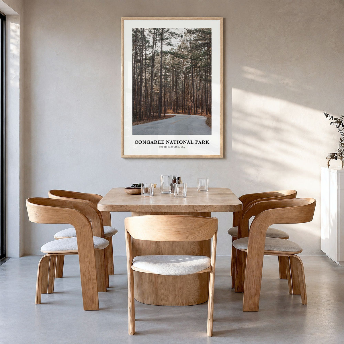 Congaree National Park Classic Poster in a natural wood frame, hanging in a dining room