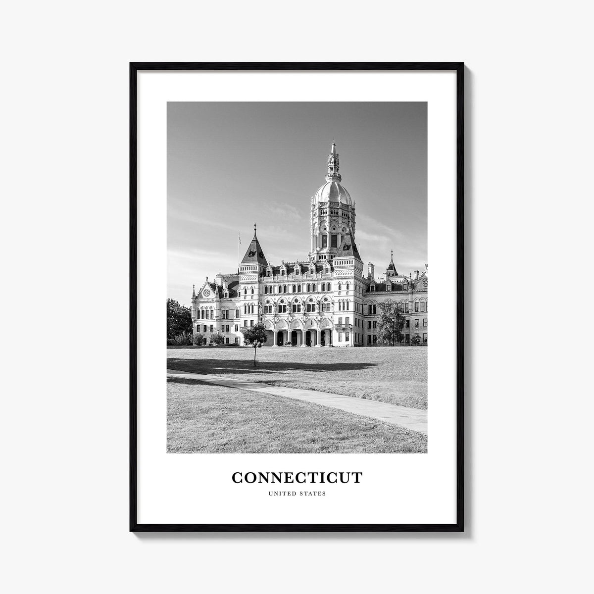 Connecticut black & white classic poster of United States – vertical wall art, unframed print shown in interior mockup