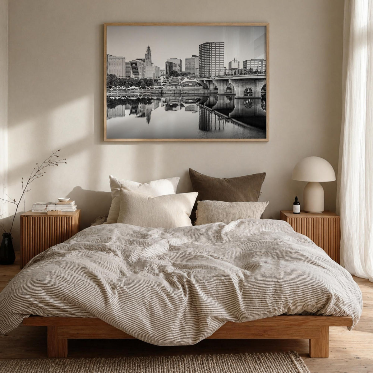 Connecticut black & white photo poster of United States – horizontal wall art in natural wood frame, hanging on wall