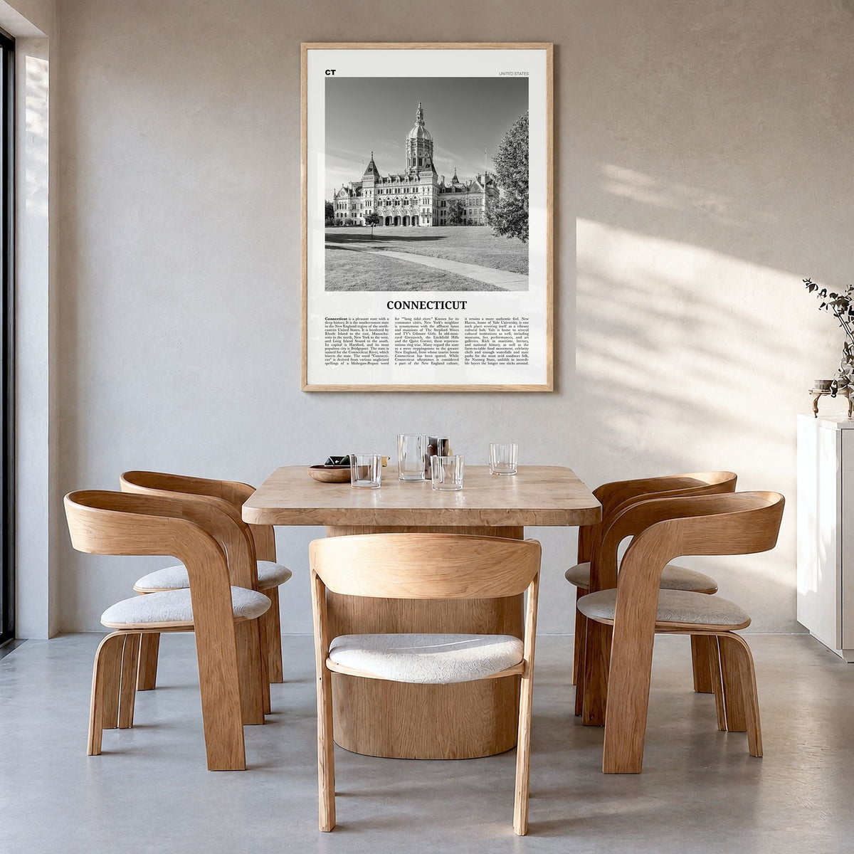 Connecticut Newspaper No 2 Poster in a natural wood frame, hanging in a dining room
