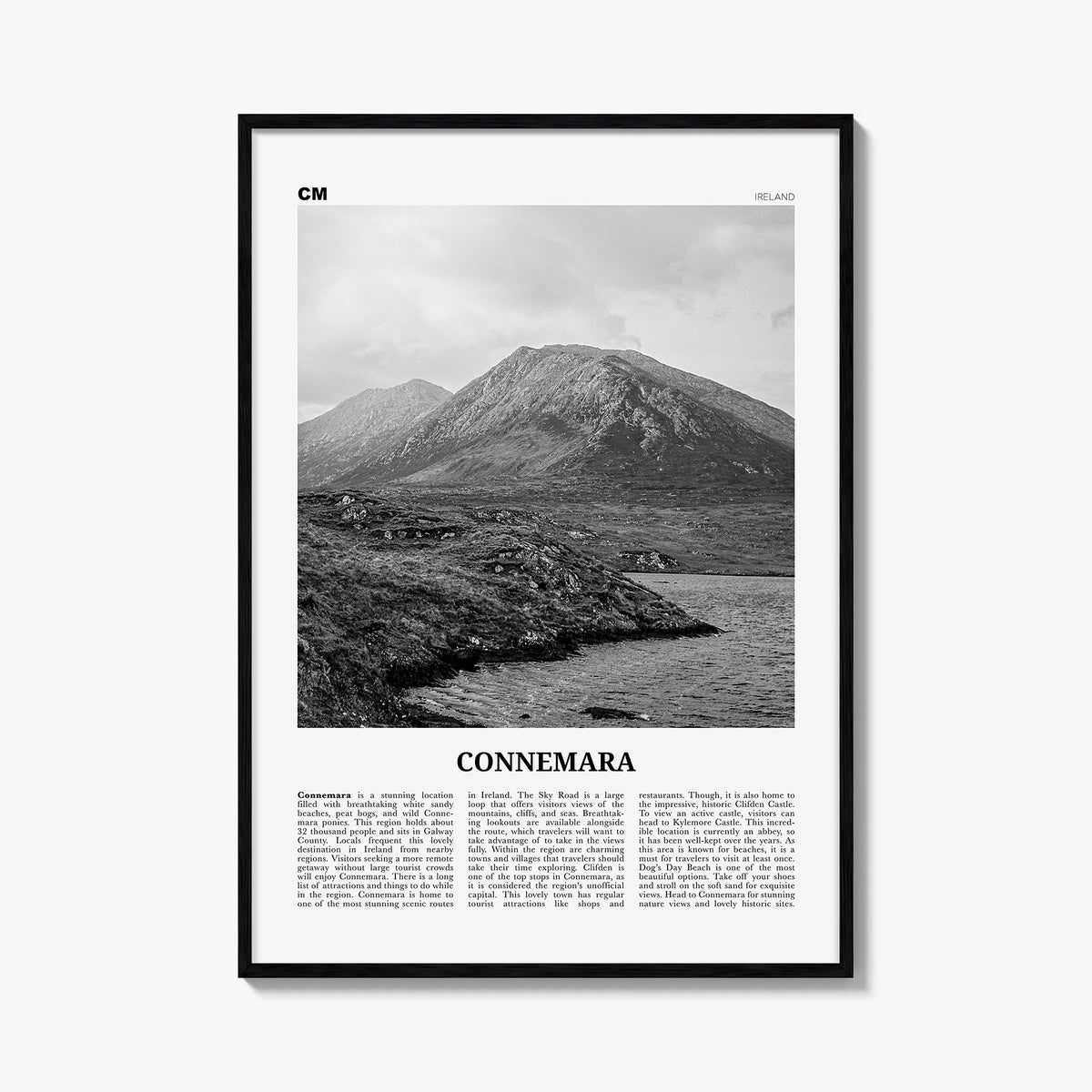 Connemara black & white newspaper poster of Ireland – vertical wall art, unframed print shown in interior mockup