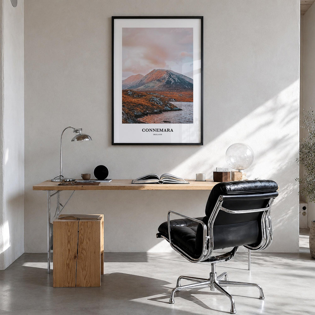 Connemara colorful classic poster of Ireland – vertical wall art in black wood frame, hanging on wall