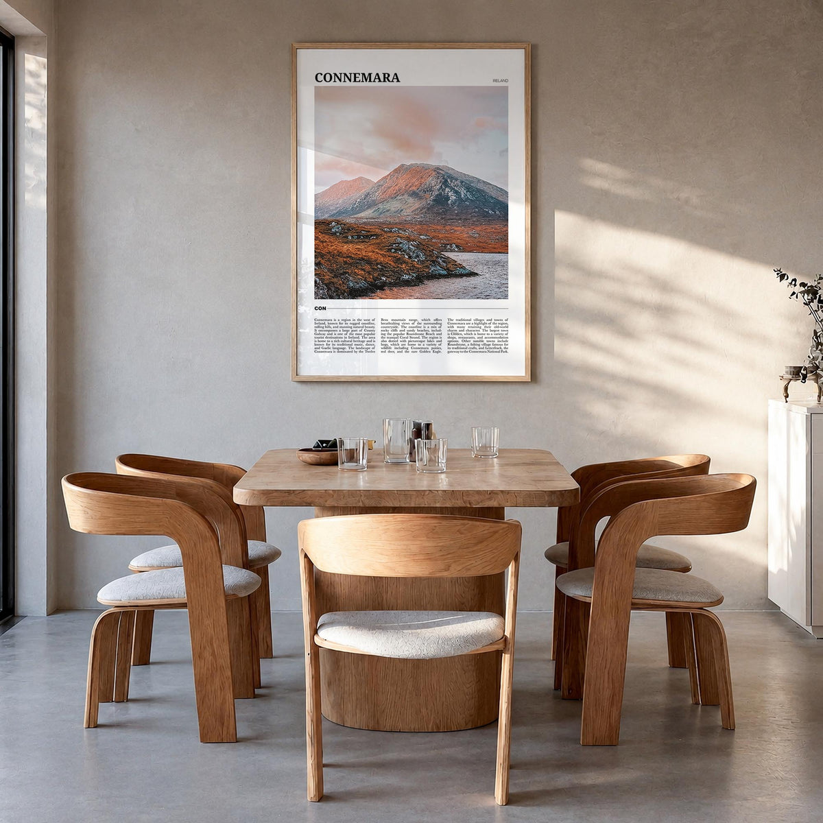 Connemara colorful travel poster of Ireland – vertical wall art in natural wood frame, hanging on wall
