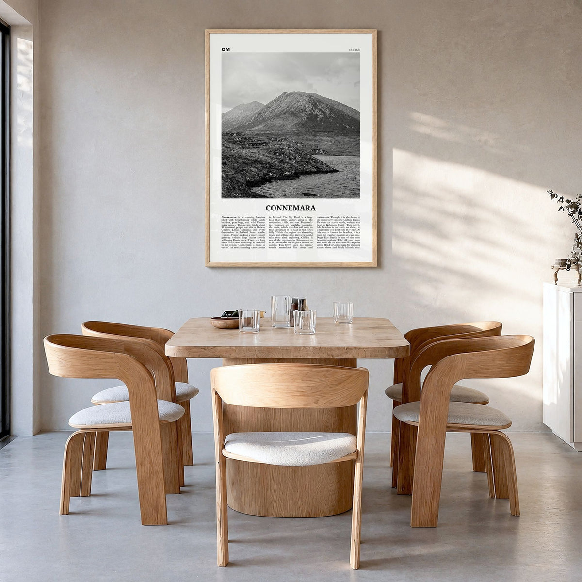 Connemara Newspaper Poster in a natural wood frame, hanging in a dining room