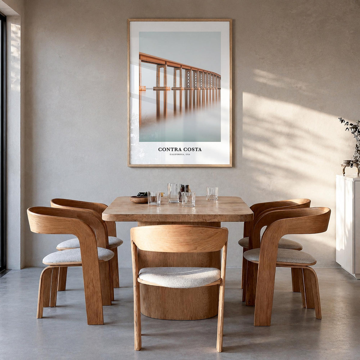 Contra Costa County colorful classic poster of California, USA – vertical wall art in natural wood frame, hanging on wall