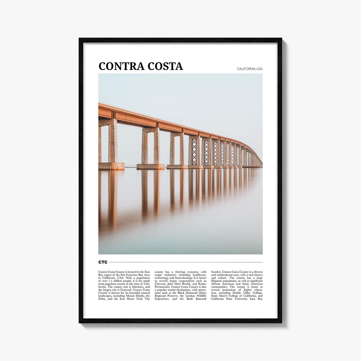 Contra Costa County colorful travel poster of California, USA – vertical wall art, unframed print shown in interior mockup