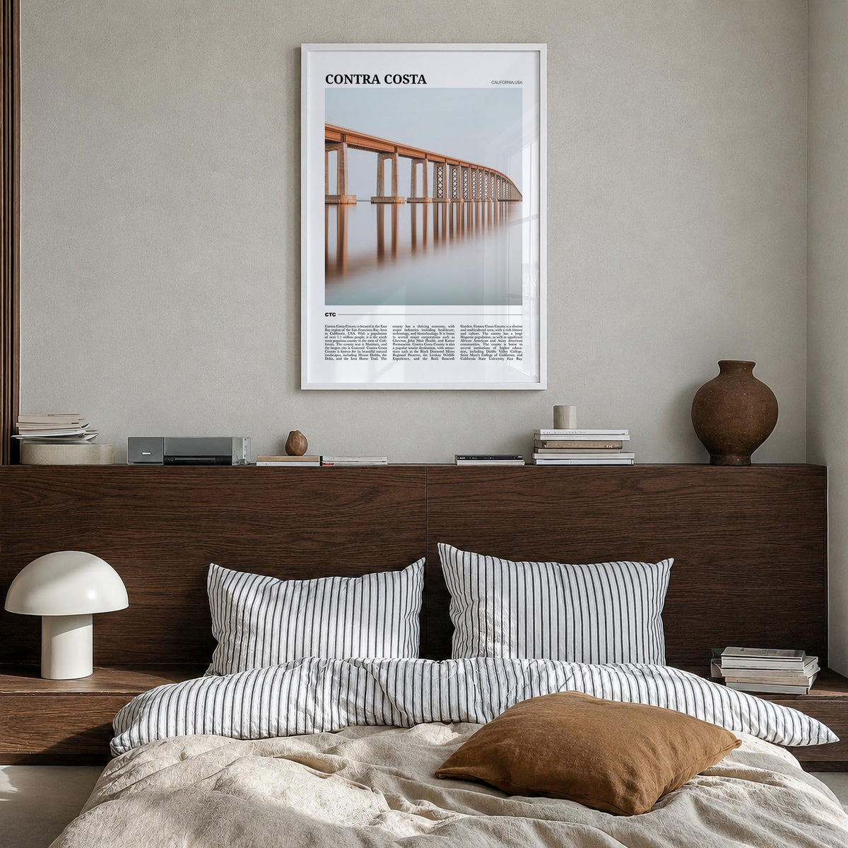 Contra Costa County colorful travel poster of California, USA – vertical wall art in white wood frame, hanging on wall