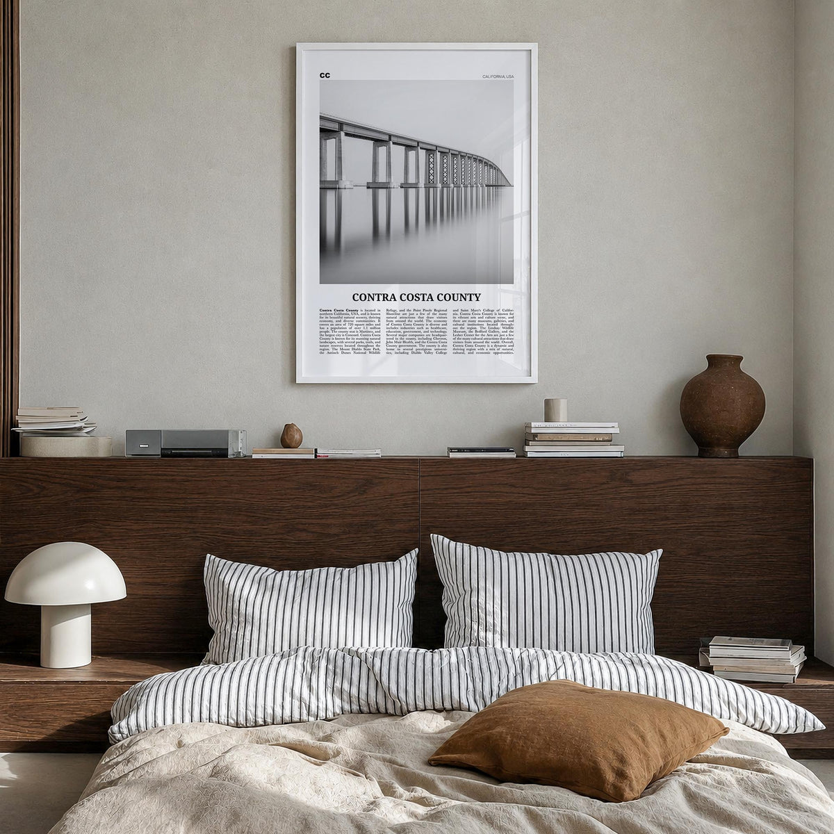 Contra Costa County black & white newspaper poster of California, USA – vertical wall art in white wood frame, hanging on wal