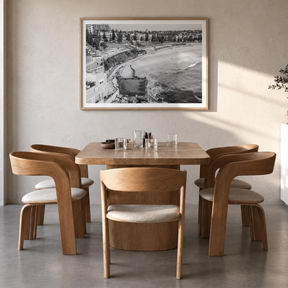 Coogee Beach black & white photo poster of Sydney, New South Wales – horizontal wall art in natural wood frame with white bor