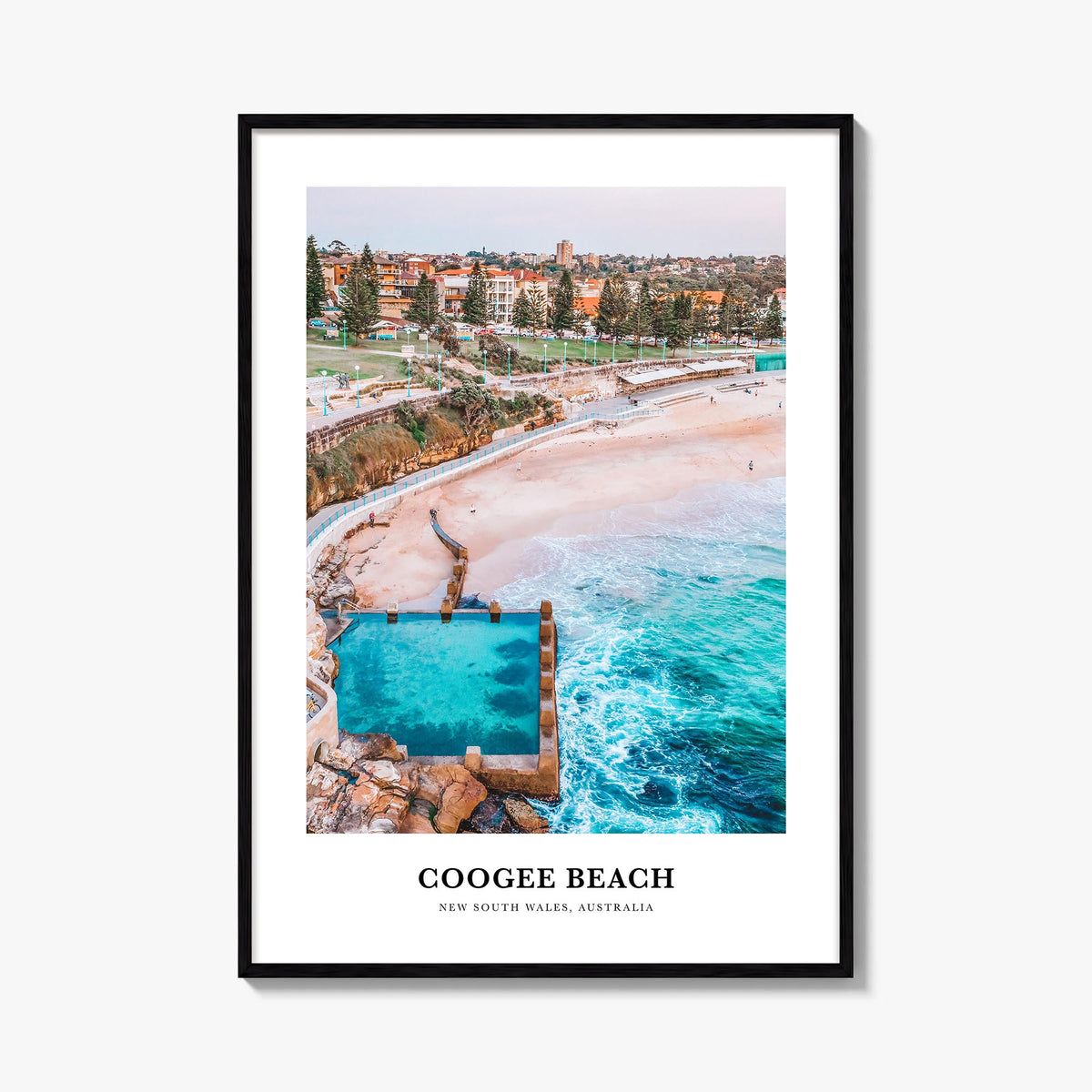 Coogee Beach no. 1 colorful classic poster of Sydney, New South Wales – vertical wall art, unframed print shown in interior m