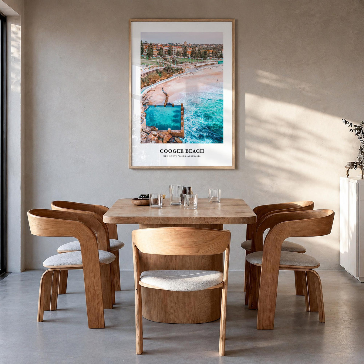 Coogee Beach no. 1 colorful classic poster of Sydney, New South Wales – vertical wall art in natural wood frame, hanging on w