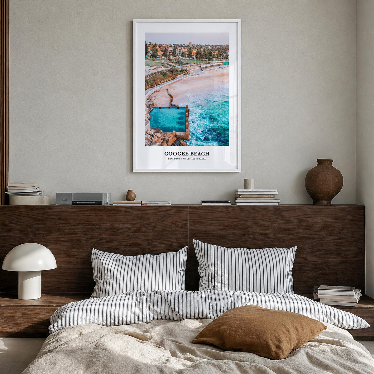 Coogee Beach no. 1 colorful classic poster of Sydney, New South Wales – vertical wall art in white wood frame, hanging on wal