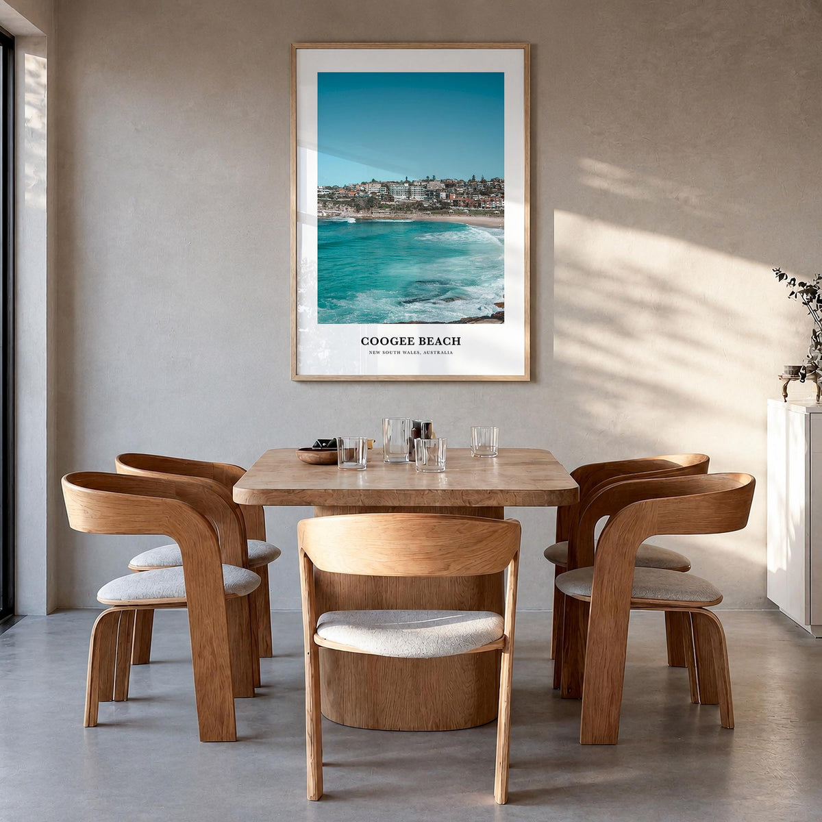 Coogee Beach no. 2 colorful classic poster of Sydney, New South Wales – vertical wall art in natural wood frame, hanging on w