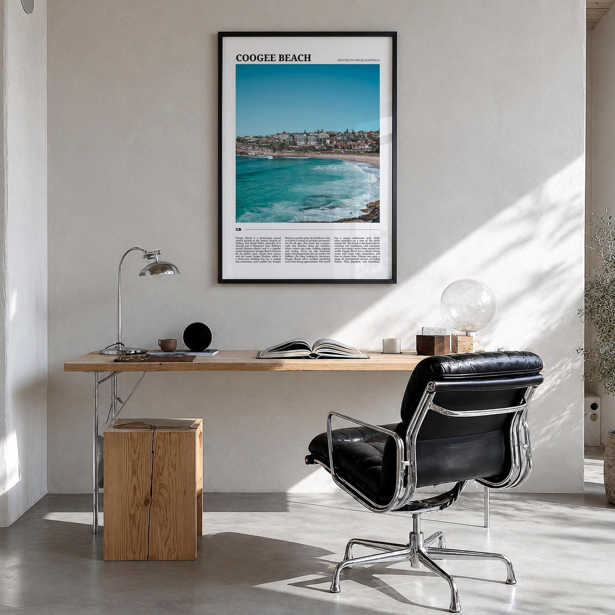 Coogee Beach no. 2 colorful travel poster of Sydney, New South Wales – vertical wall art in black wood frame, hanging on wall