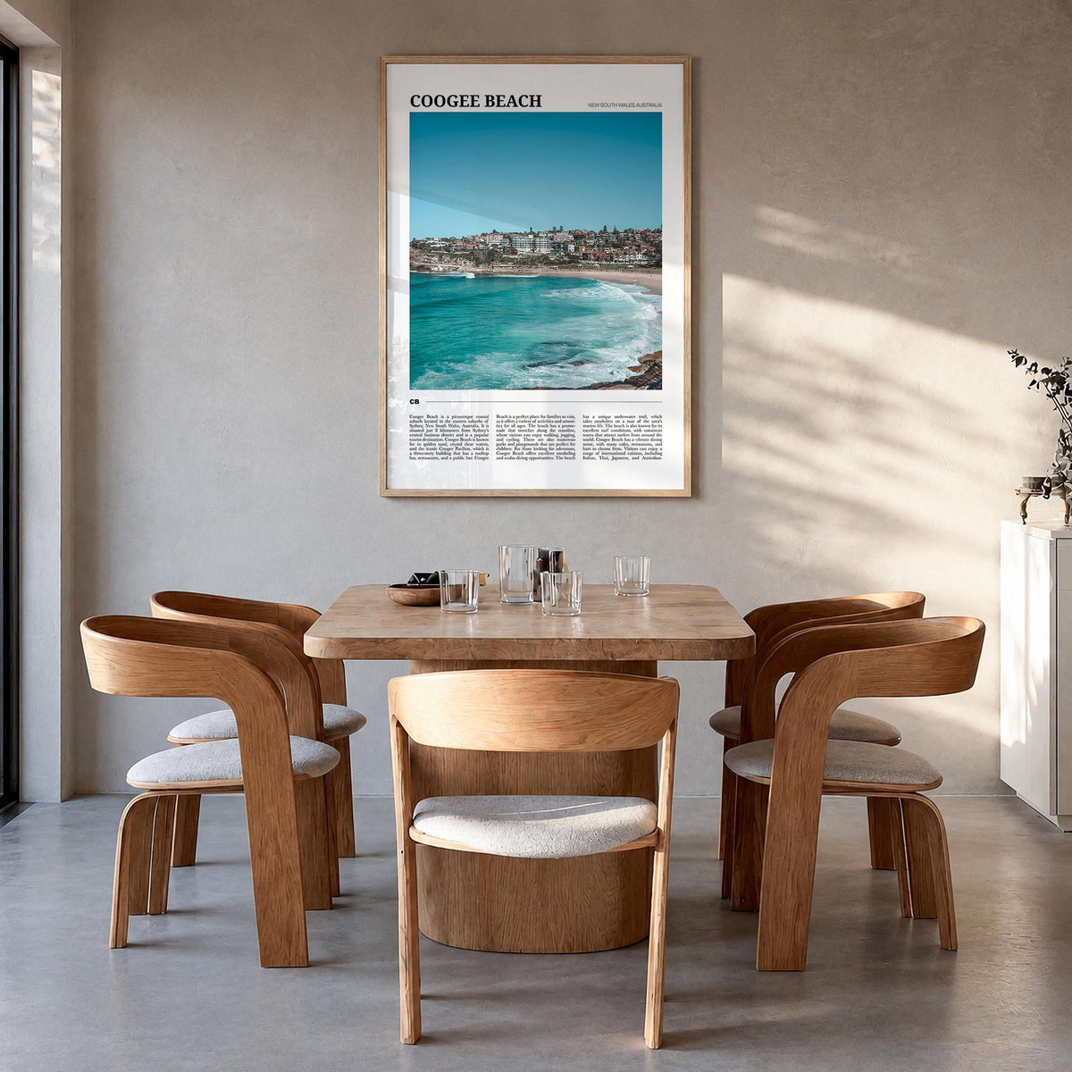 Coogee Beach no. 2 colorful travel poster of Sydney, New South Wales – vertical wall art in natural wood frame, hanging on wa