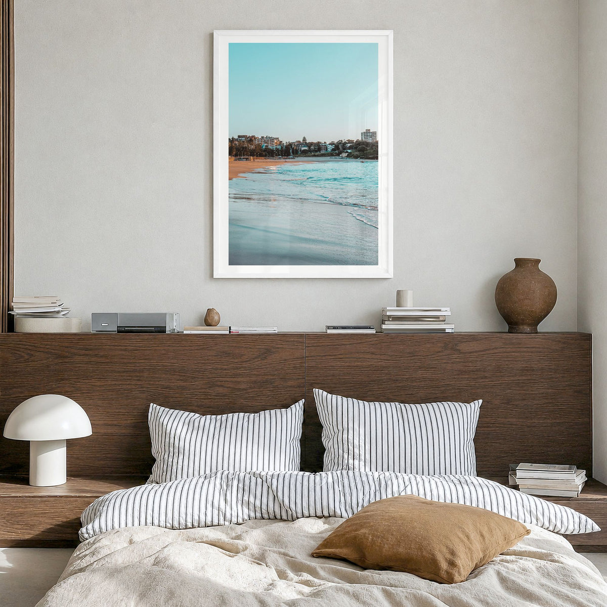 Coogee Beach Photo No 1 Poster in a white wood frame, hanging in a bedroom, white border