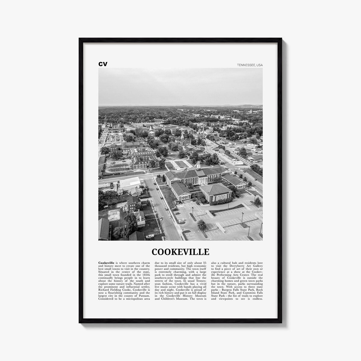 Cookeville black & white newspaper poster of Tennessee, USA – vertical wall art, unframed print shown in interior mockup