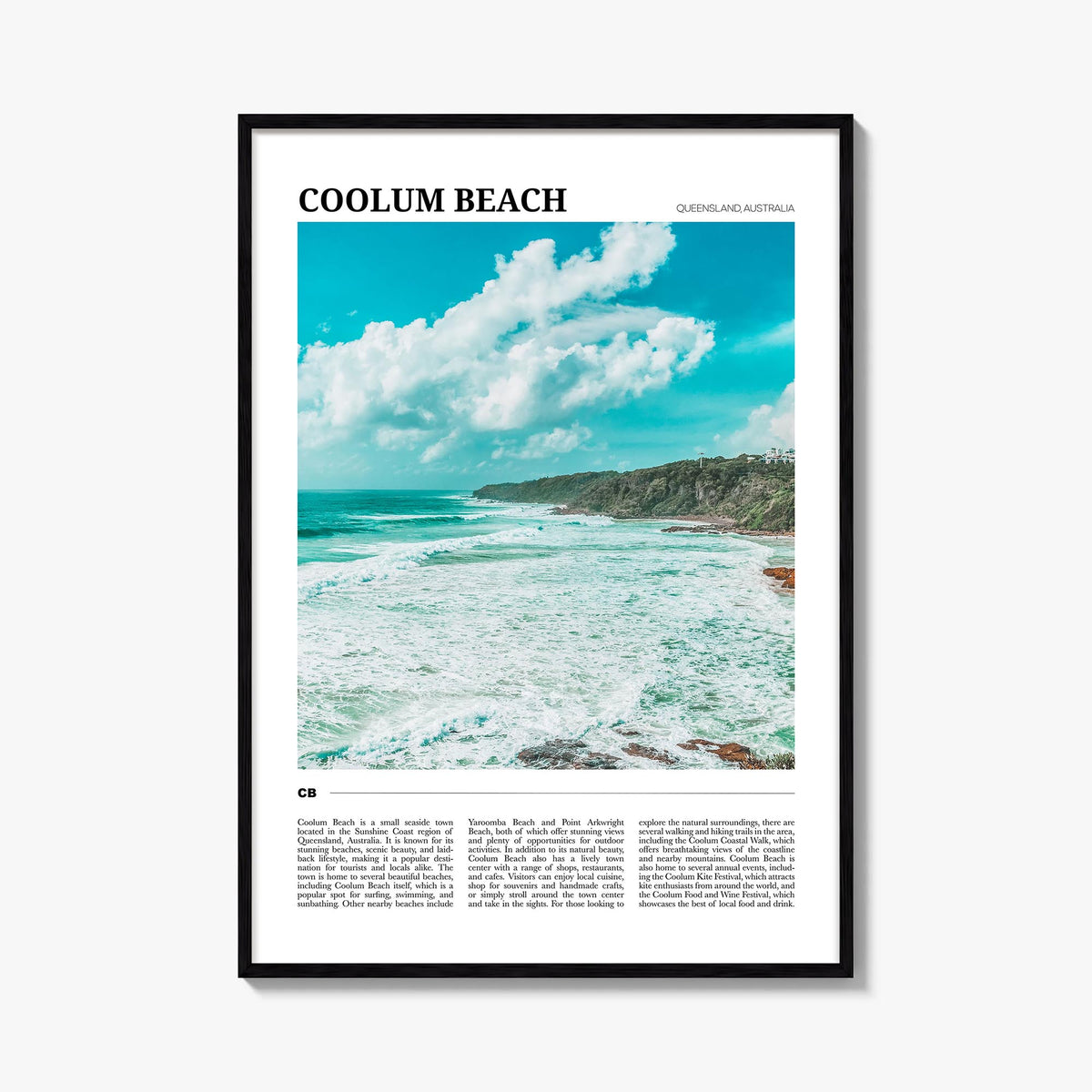 Coolum Beach colorful travel poster of Australia – vertical wall art, unframed print shown in interior mockup