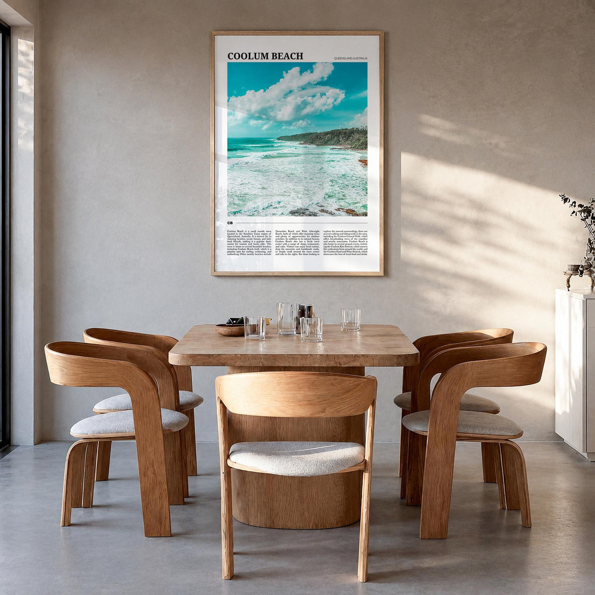 Coolum Beach colorful travel poster of Australia – vertical wall art in natural wood frame, hanging on wall