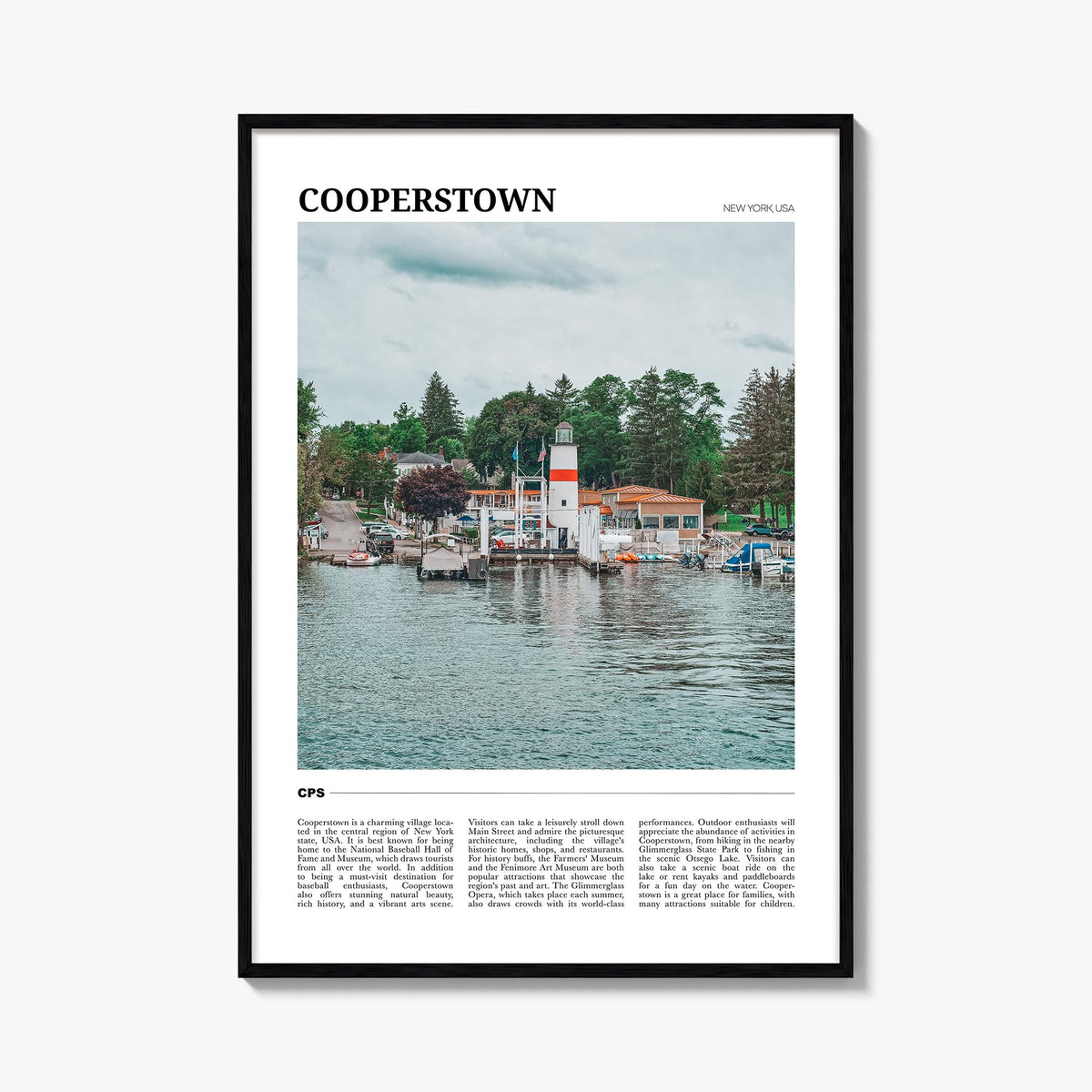 Cooperstown colorful travel poster of New York, USA – vertical wall art, unframed print shown in interior mockup